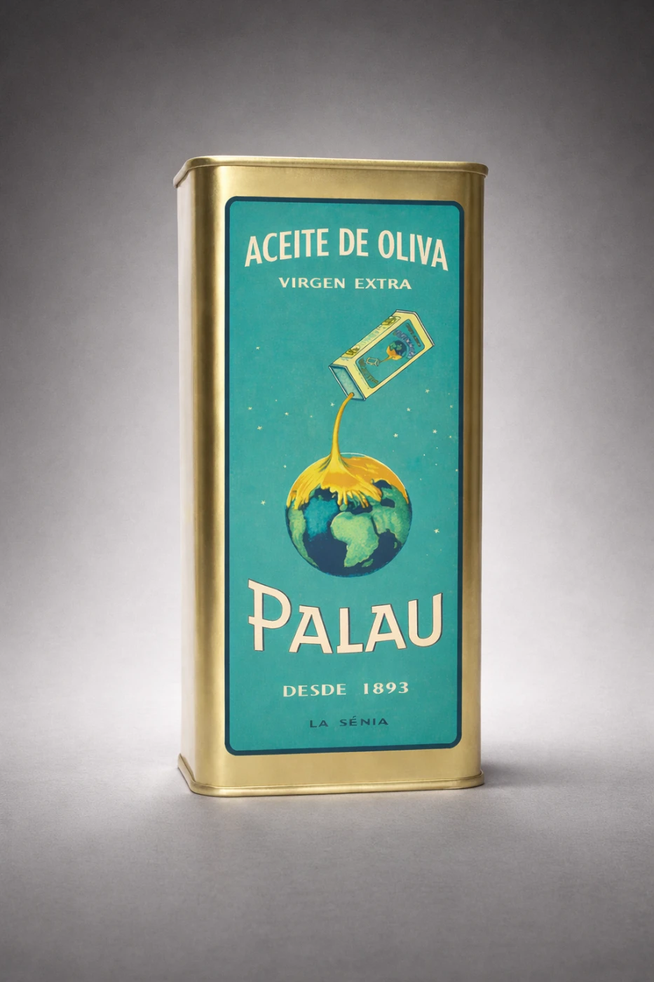 Lata turquesa de aceite de oliva Palau, edición 130 aniversario
