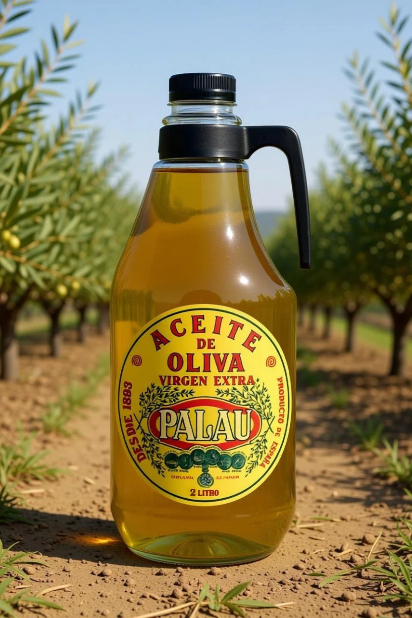 Garrafa de 2 litros de aceite de oliva virgen extra Palau en un olivar