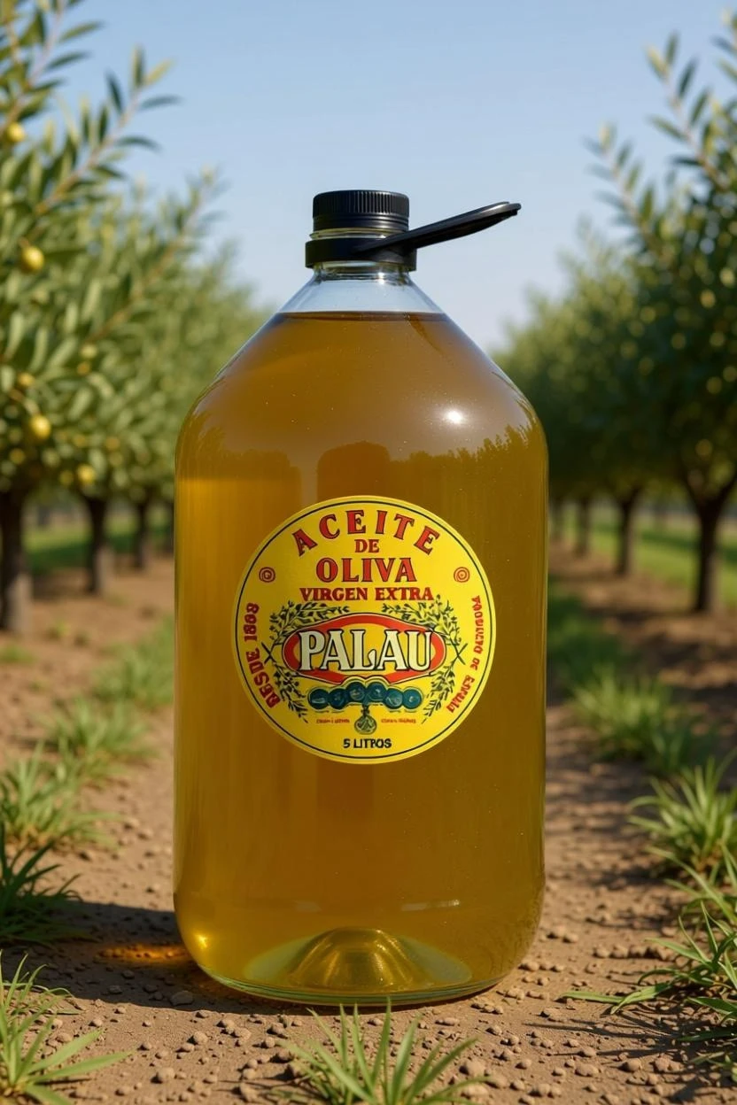 Garrafa de aceite de oliva virgen extra Palau en un olivar